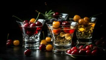 Fresh fruit cocktail on wooden table, summer party generated by AI photo