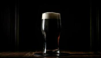Dark liquid drops in frothy beer glass generated by AI photo
