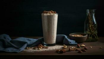 Organic almond milkshake on rustic wooden table generated by AI photo