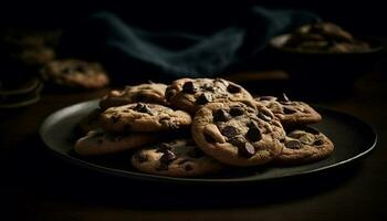 apilar de hecho en casa chocolate chip galletas en plato generado por ai foto