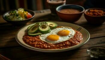 recién cocido gastrónomo comida en rústico de madera mesa generado por ai foto