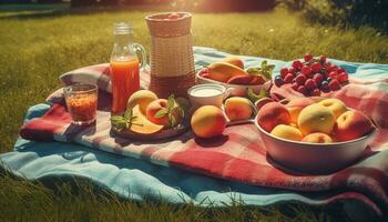 Fresh organic picnic meal on green meadow generated by AI photo