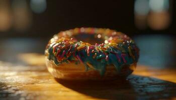 Gourmet donut with chocolate icing and candy generated by AI photo