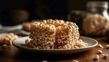 Crunchy homemade almond biscuit stack on wood plate generated by AI photo