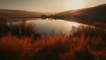 Sunrise over tranquil mountain meadow, reflecting beauty generated by AI photo