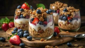 Fresh berry parfait with granola and yogurt generated by AI photo