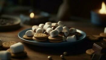 Sweet pill stack on wood plate indulgence generated by AI photo