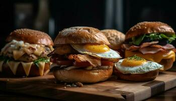 Grilled gourmet burger on rustic wood table generated by AI photo