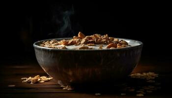 Organic granola snack on rustic wooden table generated by AI photo