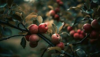 Ripe apples on fresh green apple tree branch generated by AI photo