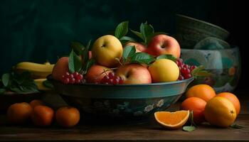 rústico mesa muestra sano orgánico Fruta variaciones generado por ai foto