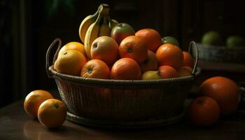 Ripe citrus fruit basket on rustic wooden table generated by AI photo