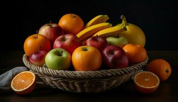 Fresco orgánico Fruta cesta manzana, Mandarina, banana, limón generado por ai foto