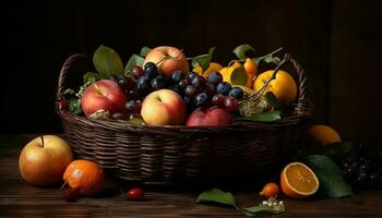 orgánico Fruta cesta, un sano otoño cosecha generado por ai foto