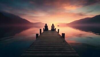 Romantic couple sits on jetty at sunrise generated by AI photo