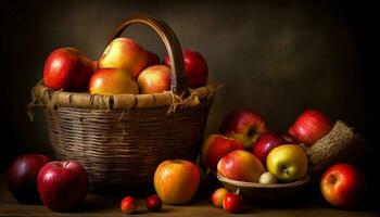 un rústico todavía vida fresco, orgánico manzanas en un mimbre cesta generado por ai foto