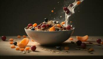 Organic granola bowl with fresh fruit and nuts generated by AI photo