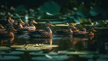 Tranquil scene of ducks swimming in pond generated by AI photo