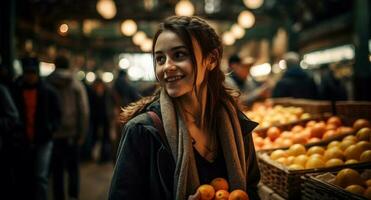 Young women smiling, buying groceries with confidence generated by AI photo