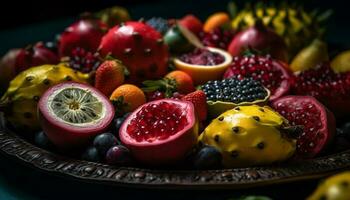 Fresco orgánico Fruta cuenco pasión fruta, papaya, fresa generado por ai foto