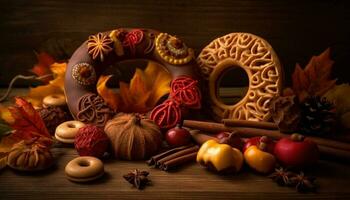 Autumn rustic table decor pumpkin, leaf, candle, and anise generated by AI photo