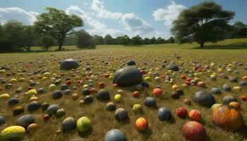 Agriculture beauty in nature meadow, haystack, rolled up sphere, wheat generated by AI photo