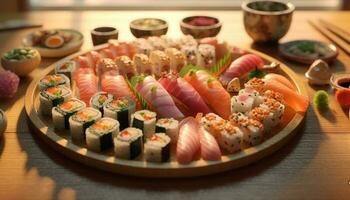 Freshness on plate seafood, sashimi, maki sushi, nigiri, appetizer generated by AI photo