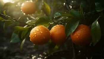 Freshness of nature ripe citrus fruit on a green tree generated by AI photo