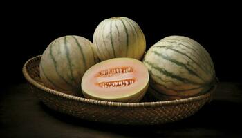 frescura de naturaleza generosidad maduro, dulce melón en de madera mesa generado por ai foto