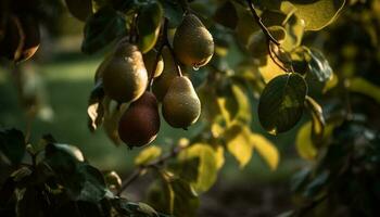 Ripe fruit hangs from green apple tree generated by AI photo