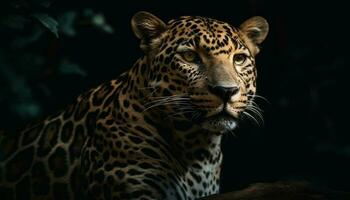 Spotted jaguar staring, beauty in nature tranquility generated by AI photo