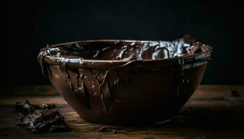 Homemade dark chocolate brownie on rustic table generated by AI photo
