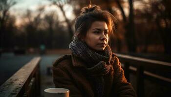 Smiling young woman enjoys coffee in autumn city generated by AI photo