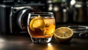 Refreshing citrus cocktail on wooden table outdoors generated by AI photo