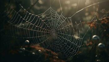 Spooky spider web traps dew drops in autumn generated by AI photo