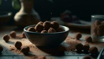 Dark chocolate hazelnut cookie stack on wooden table generated by AI photo