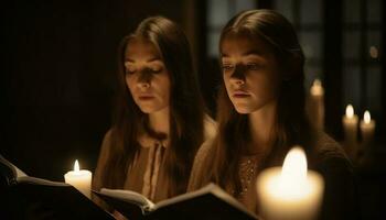 dos mujer leyendo Biblia por luz de una vela fuego generado por ai foto