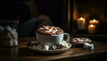 caliente chocolate y galletas en rústico mesa generado por ai foto