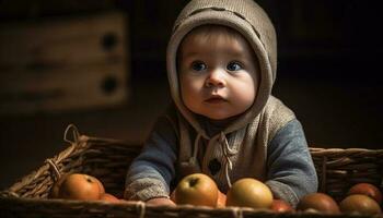 Smiling baby boy holds pumpkin in basket generated by AI photo