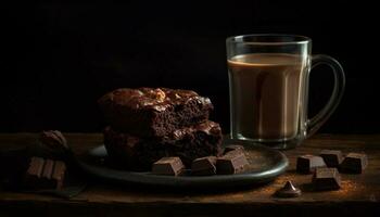 Dark chocolate brownie stack on rustic wood table generated by AI photo