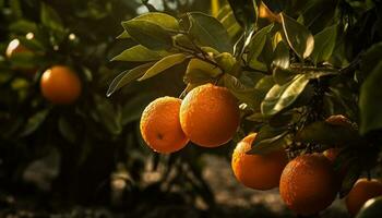 Juicy citrus fruits on green branches, refreshing nature generated by AI photo