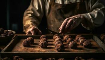 hombre horneando hecho en casa chocolate galletas en rústico cocina generado por ai foto