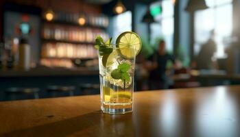 Mojito cocktail on wooden table with lime slice generated by AI photo