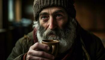 Smiling senior man holds warm coffee mug generated by AI photo