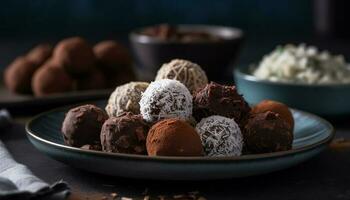 indulgente chocolate trufa pelota con Coco variación generado por ai foto