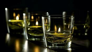 Whiskey glass glows in candlelight at bar generated by AI photo