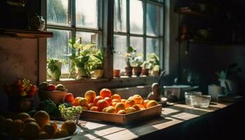 Fresco orgánico frutas y verduras en rústico mesa generado por ai foto