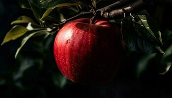 Juicy apple on fresh green leaf reflects nature generated by AI photo