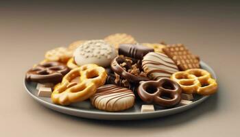 Stack of indulgent baked goods on wooden table generated by AI photo