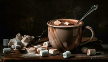rústico mesa sostiene gastrónomo caliente chocolate refresco generado por ai foto